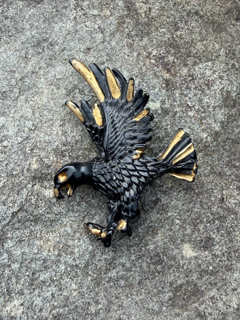 Vintage Eagle Black Gold Enamel Bird Brooch